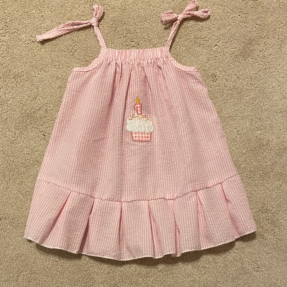 1st birthday Pink Striped Dress with Cupcake Embroidery
